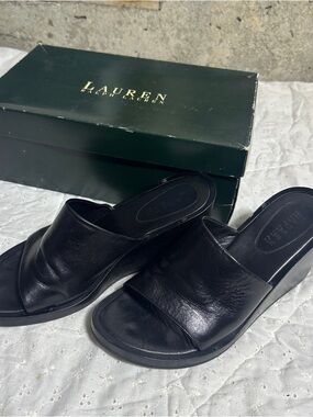 Lauren Ralph Lauren Black Leather Slide Chunky Wedge Mules with Wide Strap